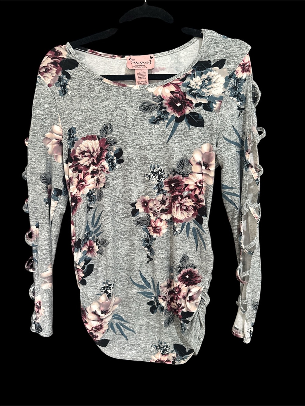 Expressions Gray Floral Long-Sleeve Top with Lace-Up Sleeves